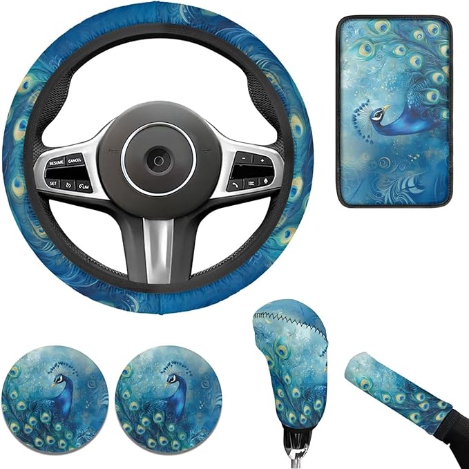 Blue Peacock Print Car Steering Wheel Cover Set for Men Women Beautiful Car Interior Decor Cup Coaster Handbrake Cover Universal Fit Auto,Suvs,Truck
