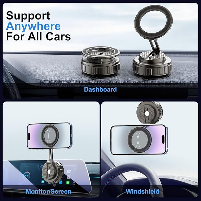 Kairiyard Phone Holders for Your Car, Ultra Vacuum Suction Cup Magnetic Car Phone Holder Mount 360° Adjustable Foldable Cars Phone Stand Compatible with MagSafe iPhone All Smartphones