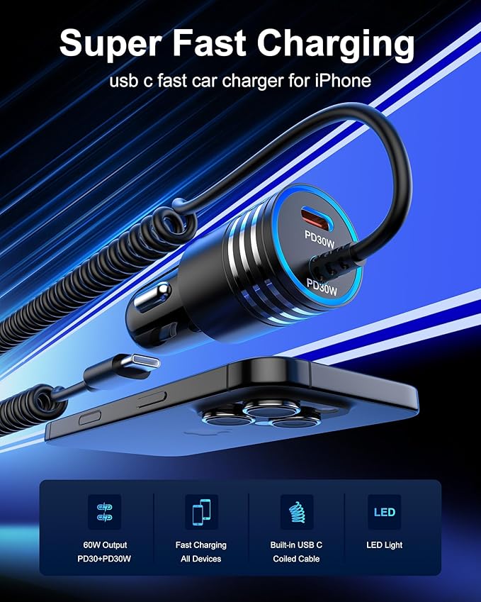 iPhone 16e 17e Car Charger USB C, 60W Dual PD Super Fast Charging Car Adapter with Coiled USB-C Cable for Apple 17/16 Pro Max/16 Pro/15 Plus/15Pro, iPad mini/Air/Pro 11 inch, Type C cargador para Car
