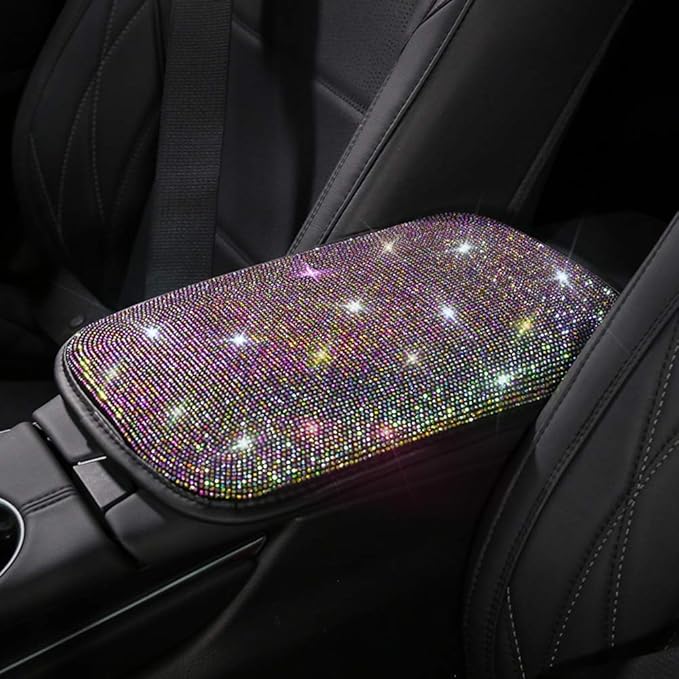 Bling Bling Auto Armrest Console Cushion, Leather Luster Crystal Arm Rest Padding Protective Case Diamond Car Decor Accessories for Ladies
