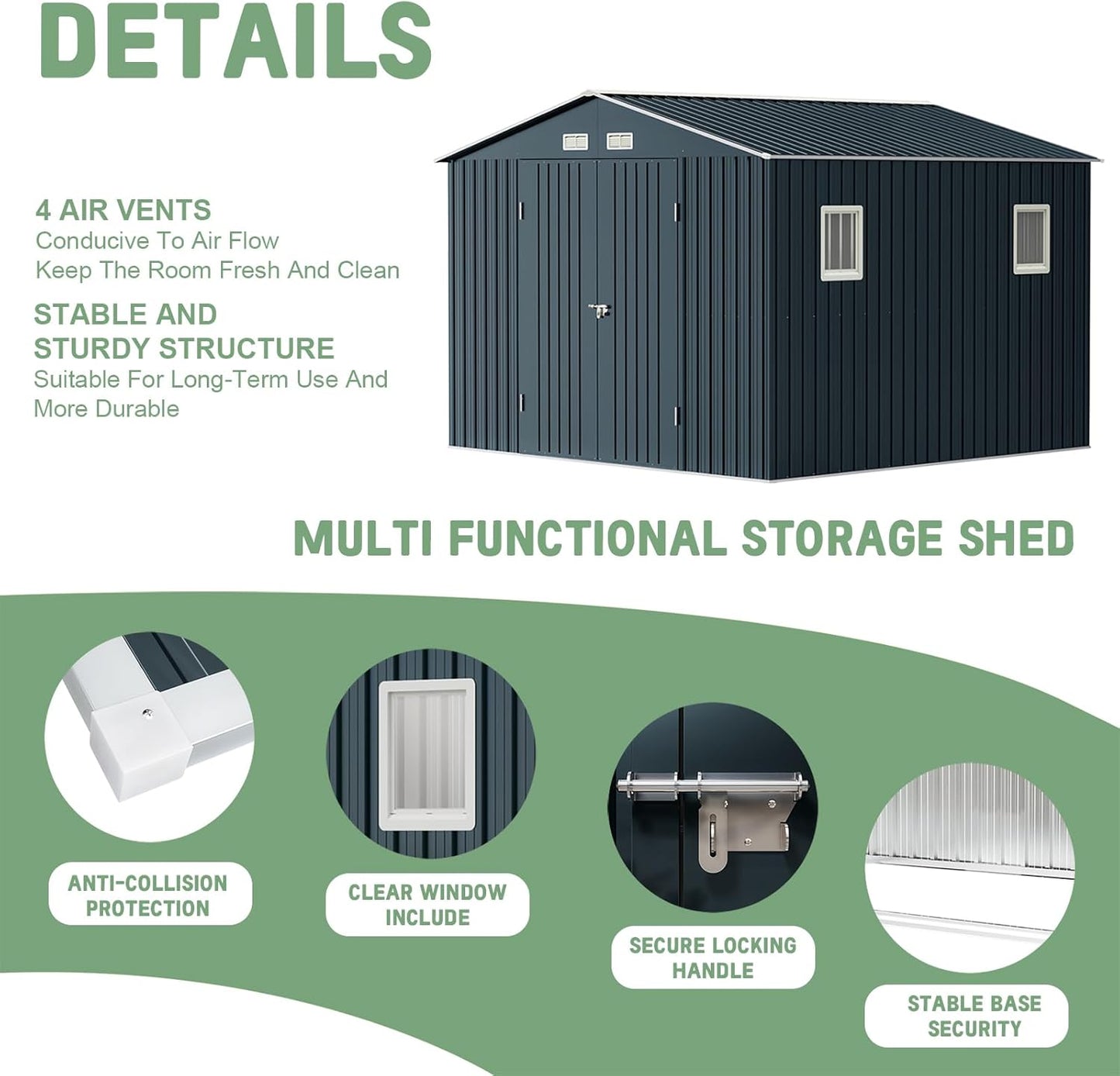 Breezz Outdoor Storage Shed 10X10FT. Utility Tool Shed Metal Storage Garden Shed with Lockable Doors, Windows & Metal Frame Floor for Patio Storage, Nightblue