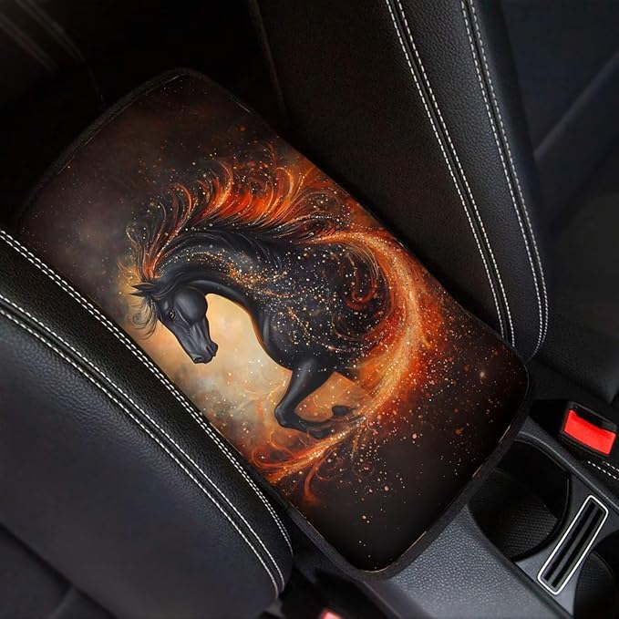 Black Horse Car Center Console Armrest Pad for Men Breathable Car Center Console Cover Seat Box Cover for Sedan, Van, SUV, Truck, Horse Cars Accessories, Black