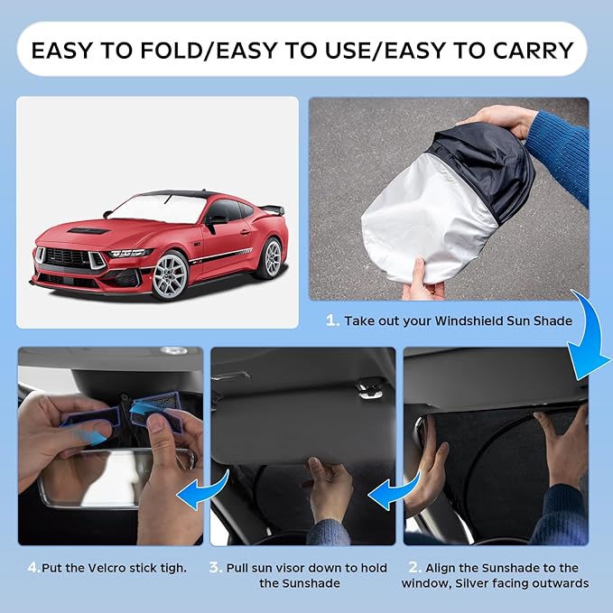 Sun Shade Sunshade for Ford Mustang 2015-2025 2026 Windshield Cover, 4-Layers Sun Shield 250T Silver Coating Sun Visor Foldable Window Shade Blocks UV Rays Car Accessories (NOT for Mach-E)