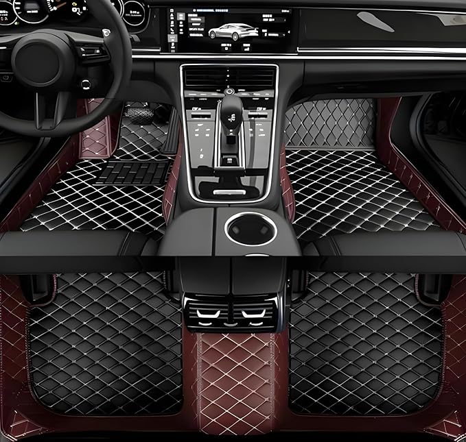 Customize Car Floor Mats for 99% Sedan SUV Sports Car All Weather Leather Full Coverage Waterproof Non-Slip Vehicle Lining Pads (Black Brown Stitching1)
