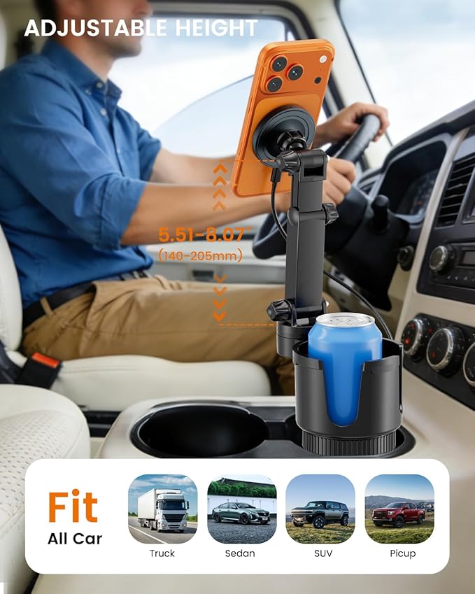 OHLPRO for iPhone 17 Pro Max MagSafe Car Charger Cup Holder Mount, 15W Fast Wireless Magnetic Charging Phone Holder for iPhone 16 15 14 13 Series, Adjustable Car Mount with Large Cup Base, Gray