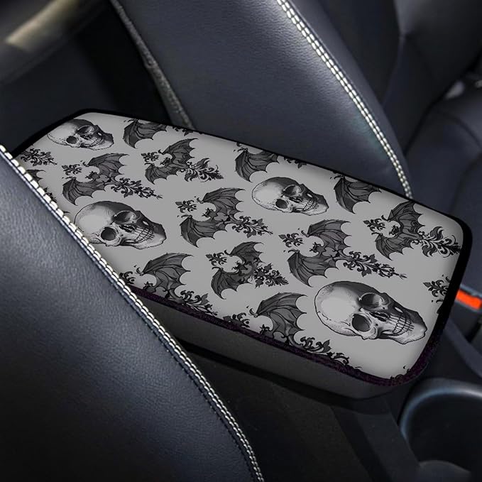 Dreaweet Gothic Car Center Console Cover Gray Bat and Skull Print Arm Rest Cover Halloween Car Accessories Interior Universal Middle Console Covers for SUV Sedan