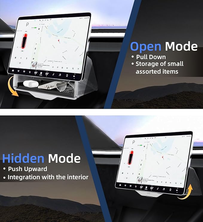 WinDu Under Screen Storage for Tesla Model 3 Y 2016-2025, Open and Close Hideable Center Console Organizer Tray with Anti-Slip Silicone Pad, Interior Accessories