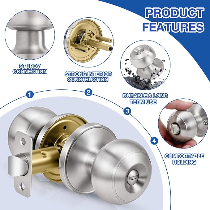 Plustool 5 Pack Brushed Nickel Door Knobs,Privacy Door Knob with Lock, Interior Doorknobs Silver, Keyless Door Locks Set for Bedrooms Bathrooms, Reversible for Left/Right Door Handle