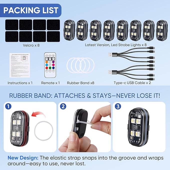Upgraded 4LEDs 8PCS Wireless LED Strobe Lights with Remote Control, 8 Colors Type-C Rechargeable Led Lights Anti Collision Warning Light for Car Motorcycle Bike Drone Aircraft