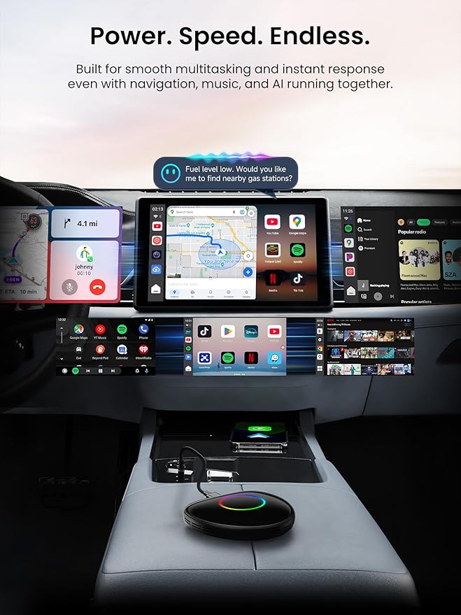 Magic Box - AI Box CarPlay & Android Auto Wireless, 8GB+128GB Android Car Video Box with Built-in 4G/ Wi-Fi/Dual Bluetooth/USB, Built-in GPS & AI, microSD Playback, OTA, Black, CB6D