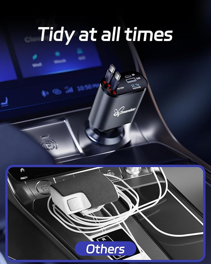 DreamBee Retractable Car Charger,66W Super Fast USB Car Phone Charger,Dual TypeC Retractable Cables Gifts for Men Women Car Truck Accessories for Samsung Galaxy S23+/S23,iPhone 17/16/15/ Pro Max, iPad