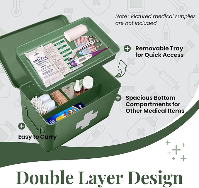 Flexzion First Aid Box Organizer Empty 13" Green Vintage First Aid Kit Tin Metal Medical Box - First Aid Storage Box Container Bins with Dividers, Removable Tray and White Cross Logo
