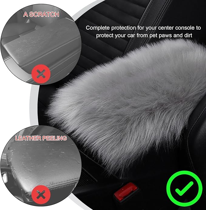 Center Console Cover, 11.81"×7.87" Automotive Fluffy Plush Center Armrest Protector, Universal Furry Comfortable Center Console Pad for Cars Trucks SUVs, Car Accessories (Gray)