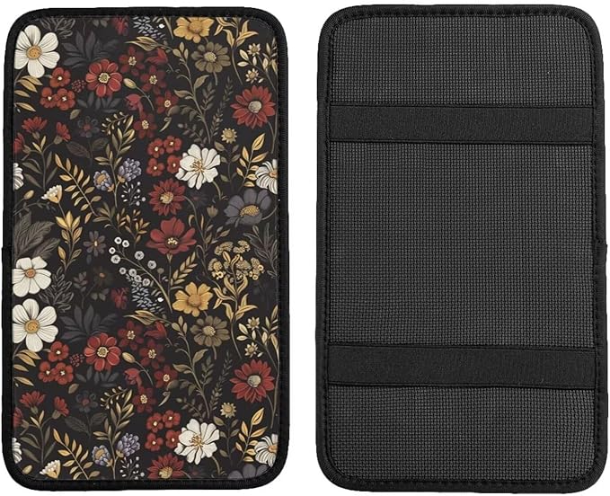 Center Console Covers for Cars Flower Pink Red Floral Boho Arm Rest Cover Daisy Black Retro Car Seat Armrest Pad Covers Middle Console Cover Hippie Boho Brown Car Accessories