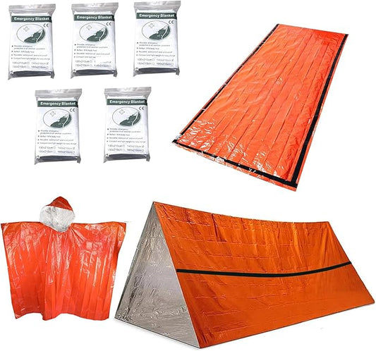 Outdoor Insulated Survival Kits-Emergency Blankets(5 Pack),1 Emergency Sleeping Bag,1 Emergency Tent,1 Emergency Mylar Poncho