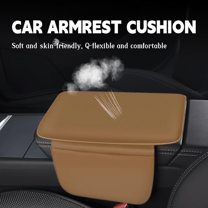 Car Armrest Cover Pad - Nappa Leather Car Center Console Cover with Breathable Holes, Non-Slip Auto Arm Rest Cushion, Universal Car Interior Accessories Fit forTesla Model Y (Light Brown)