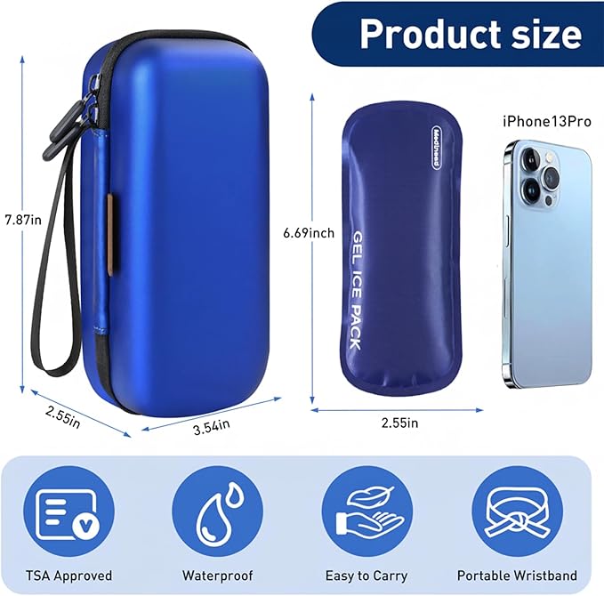 Insulin Cooler Travel Case, Portable EVA Medicine Travel Cooler, Diabetes Case with 2 Reusable Ice Packs TSA Approved for Diabetic Supplies Patent Pending(Blue-No Temp)