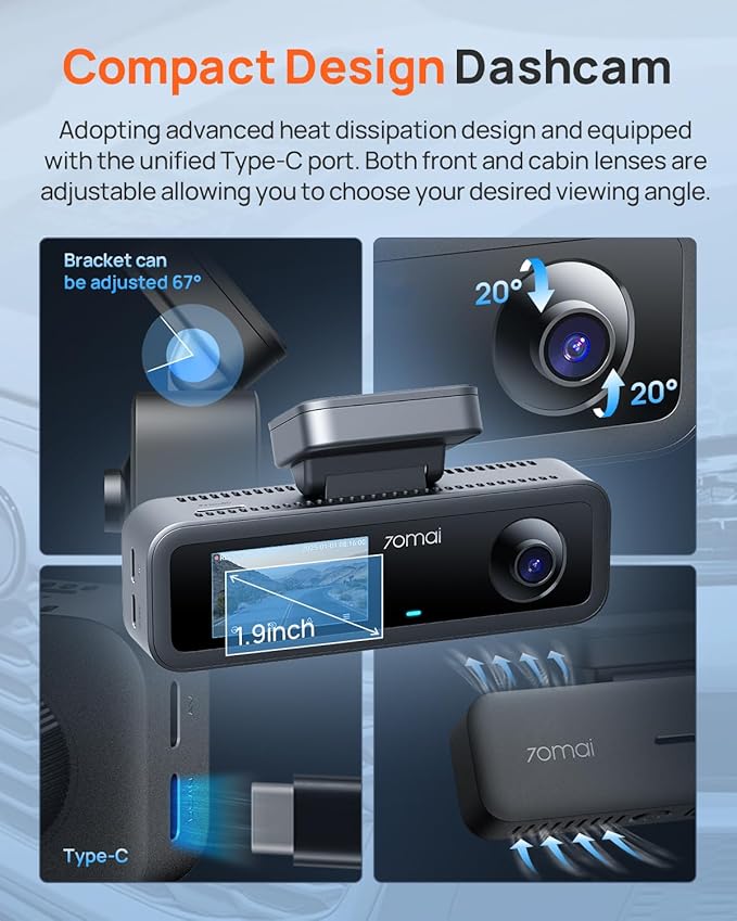 70mai 4K Dash Cam Front and Interior, 4K HDR Dash Camera with F1.55 Aperture, Wi-Fi 6, 24H Parking Surveillance, GPS, Loop Recording, 64GB Card Included, UHD Dashcam for Cars/Taxi/Uber/Lyft