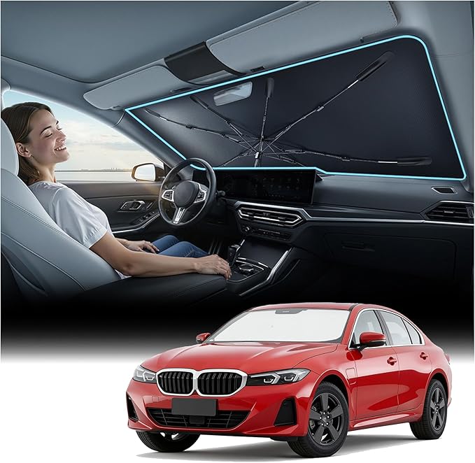 Windshield Sun Shade Umbrella for BMW - [Vinyl Coating Heat Shield] Protect Car from Sun Rays & Heat Damage Keep Cool and Protect Interior