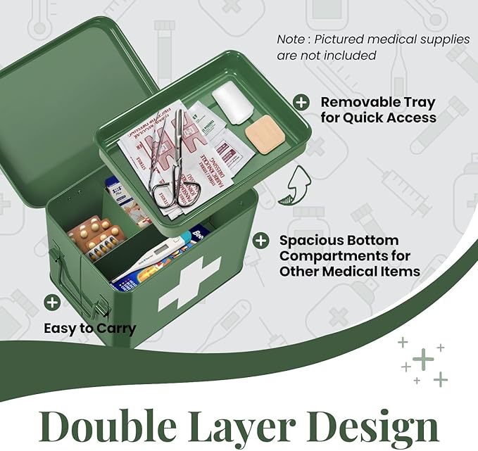 Flexzion Medicine Box, Home Pharmacy Box, 33 x 21 x 19 cm, Metal Medication Storage for Emergency, First Aid Cabinet, with Side Handles, Removable Tray & 5 Compartments, Green