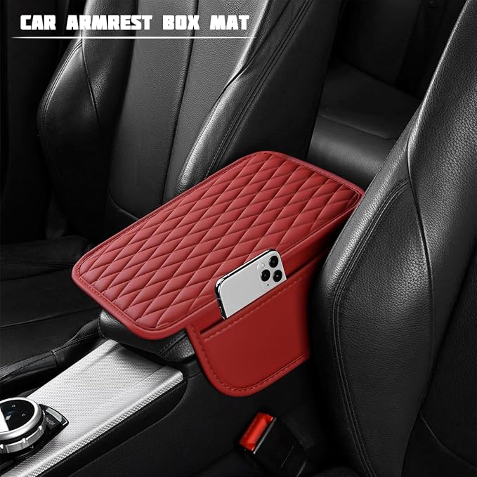 Car Armrest Cushion Pad, Leather Vehicle Center Console Cover with 2 Storage Bags, Non-Slip Automotive Interior Arm Rest Seat Box Cover Accessories, Universal for SUV RV Sedan (Rose Red)
