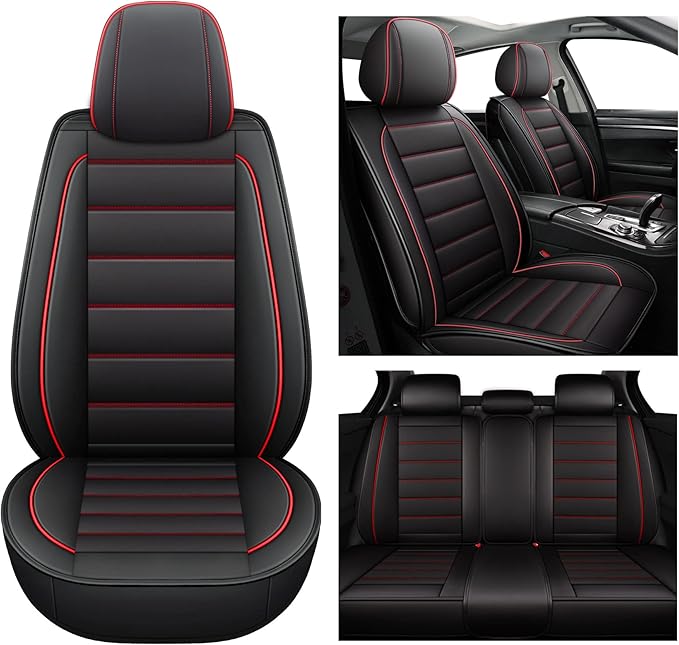 CAPITAUTO Seat Covers, Car Seat Covers Full Set, Black Car Seat Cover, Car Seat Covers Front Seats Back Seat Cover, Waterproof Faux Leather Seat Covers Fit for Most Cars Trucks SUV(Black&Red)