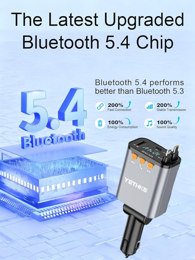 Bluetooth Car Adapter with Retractable Charger,[Upgrade] Bluetooth 5.4 FM Transmitter for Cars, 4 in 1 Fast Car Charger 69W, Handsfree Call, 2*Retractable Cable for iPhone 17/16/15/14, Galaxy-Silver