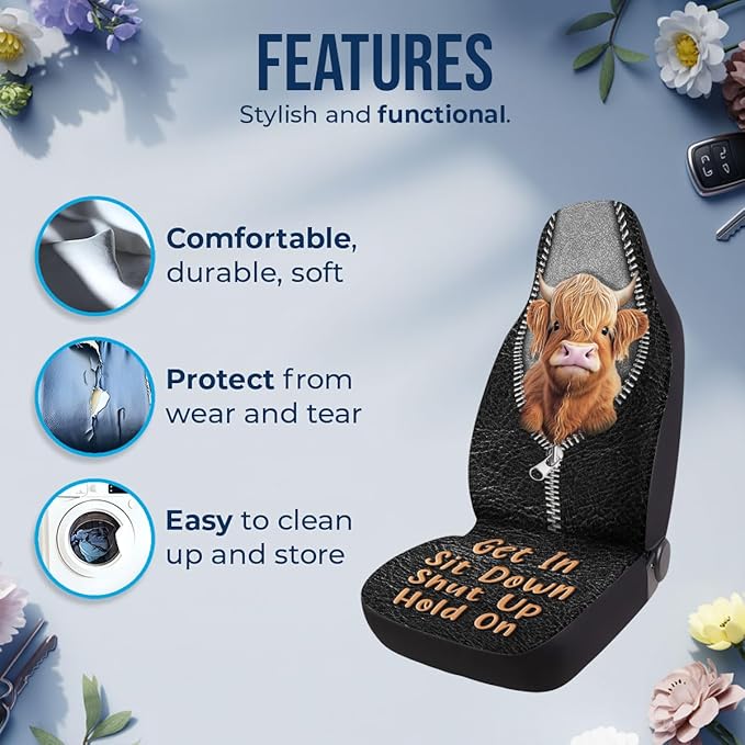 GENANY Highland Cow Car Seat Covers Set of 2, Breathable Front Seat Covers for Truck Sedan SUV, Farmhouse Car Accessories, Cow Gift for Women Men