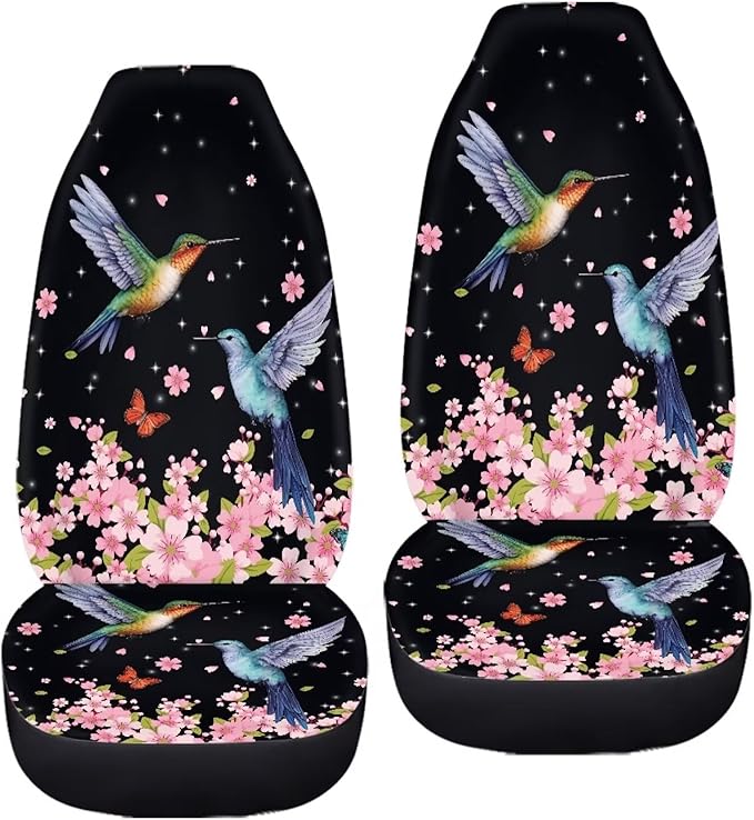 BIGCARJOB Flower Hummingbird Car Seat Cover Set for Front Seat Only,2 Pack Cherry Flower Birds Printed Auto Front Seat Protector Saddle Blanket for Women Girly Car Interior Accessories