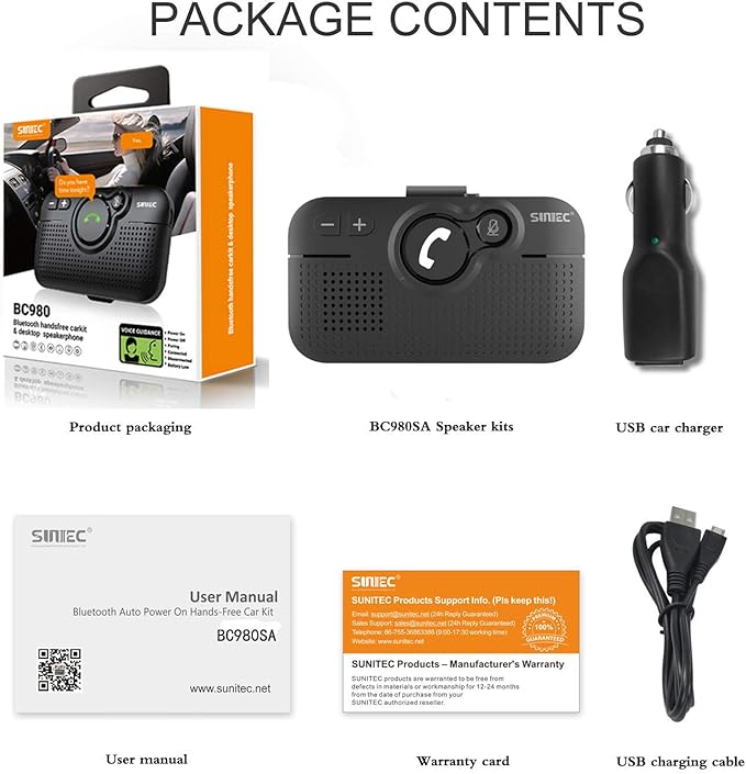 Handsfree Bluetooth Car Kit for Cell Phone, Wireless Bluetooth Speaker for Car, AUTO Power ON Support Siri Google Voice Assistant Hands Free Phone Speakerphone with Visor Clip-BC980SA