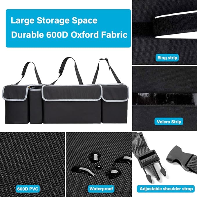 Tianle Backseat Trunk Organizer for Car - Durable Trunk Hanging Storage Bag with 4 Large Storage Pocket & 3 Adjustable Buckles Space Saving Expert (Black A)