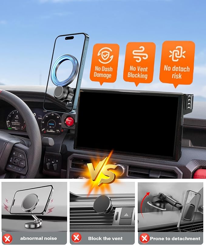 Magnetic Car Phone Mount for 2024 2025 2026 Toyota Tacoma / 2025 2026 4Runner Accessories, for MagSafe Strong Magnets Cell Phone Holder 14-Inch Screen Cradles, with Portable Phone Gripper