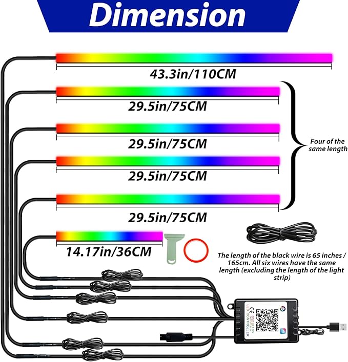 6 in 1 Car Led Strip Lights, Interior Car Lights, App and Remote Control Ambient Lighting Kit with RGB 16 Million Colors Fiber Optics&Music Sync Rhythm, USB Neon Light Accessories for Console&Door