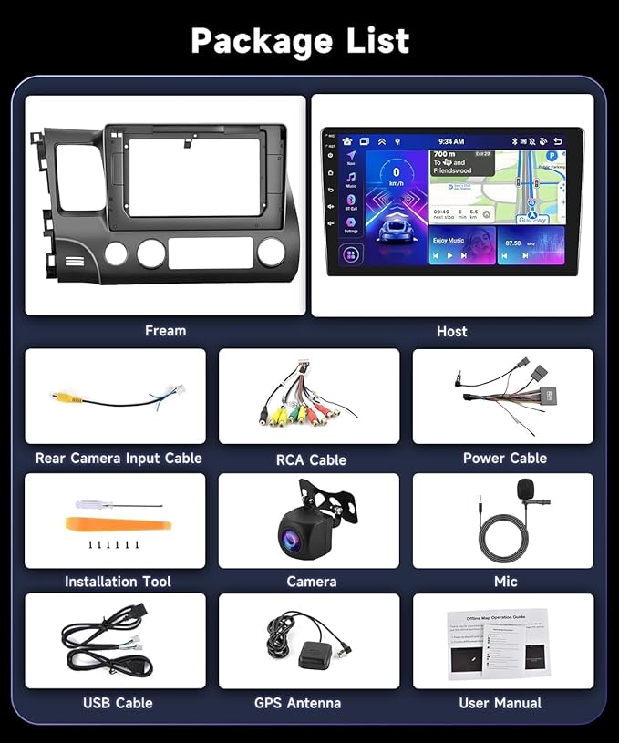 8Core 6G+128G Radio for Honda Civic 2006-2011 Android Car Stereo with 10.1inch IPS Touch Screen Wireless CarPlay Android Auto DSP FM/RDS WiFi GPS Bluetooth 5.0 AHD Backup Camera