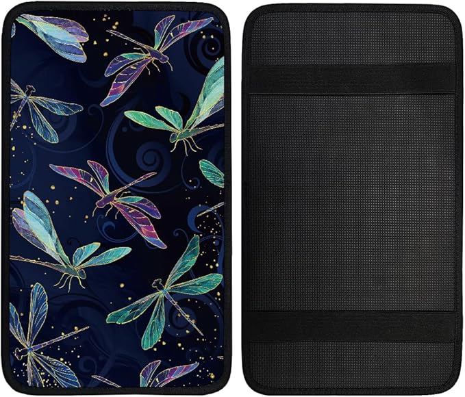 1pc Center Console Armrest Cover Pad 12.6x7.5 inch Dragonfly Neoprene Car Armrest Cushion Waterproof Armrests Seat Box Cover Protector for Universal Cars Vehicles SUVs