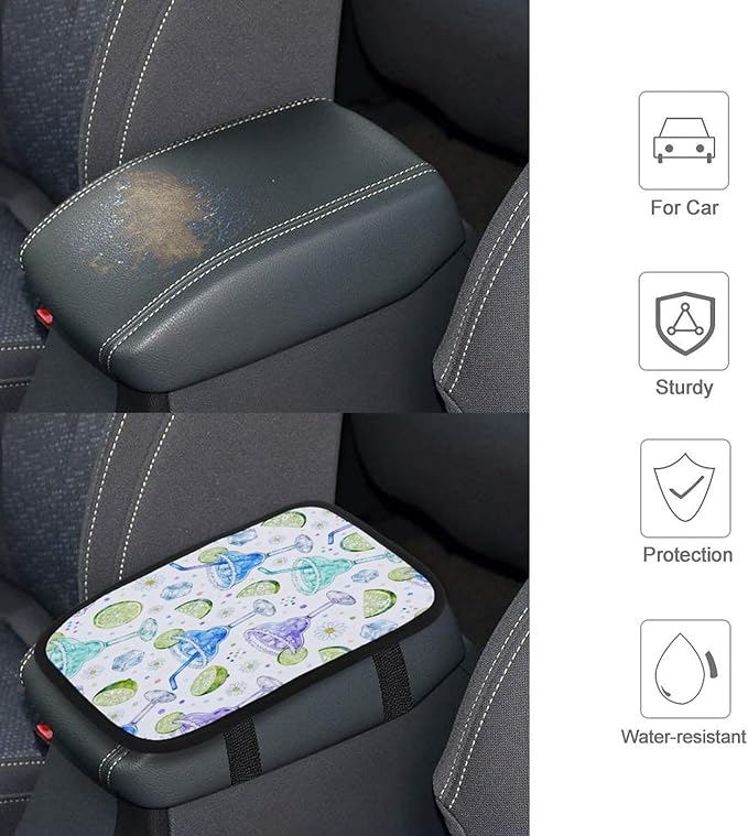 Colorful Margarita Glasses Car Center Console Decor Handrail Armrest Box Cushion Interior Covers Car Protector Pad Lid Cover Accessories Universal Fit for Auto Truck Vehicles