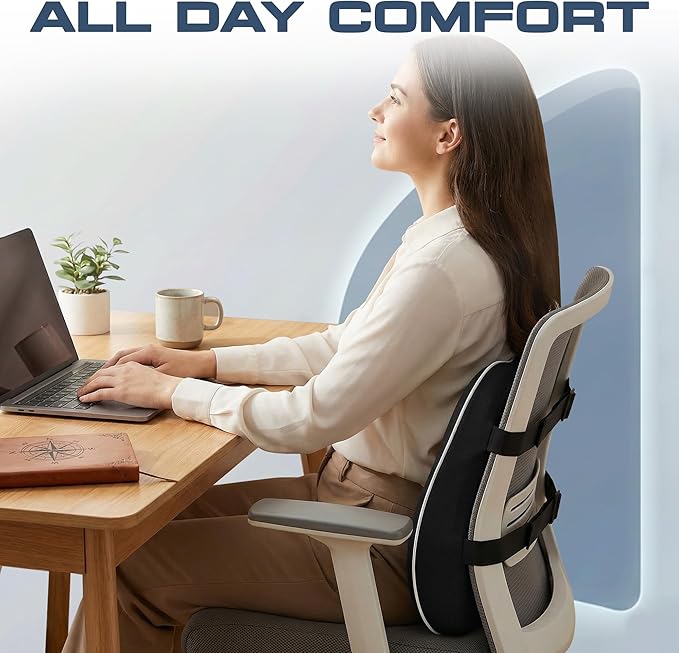 Teemtan Lumbar Support Pillow for Office Chair & Car, Ergonomic High-Density Memory Foam Back Cushion with Cooling Breathable Cover, Adjustable Strap for Lower Back Comfort and Posture, Black