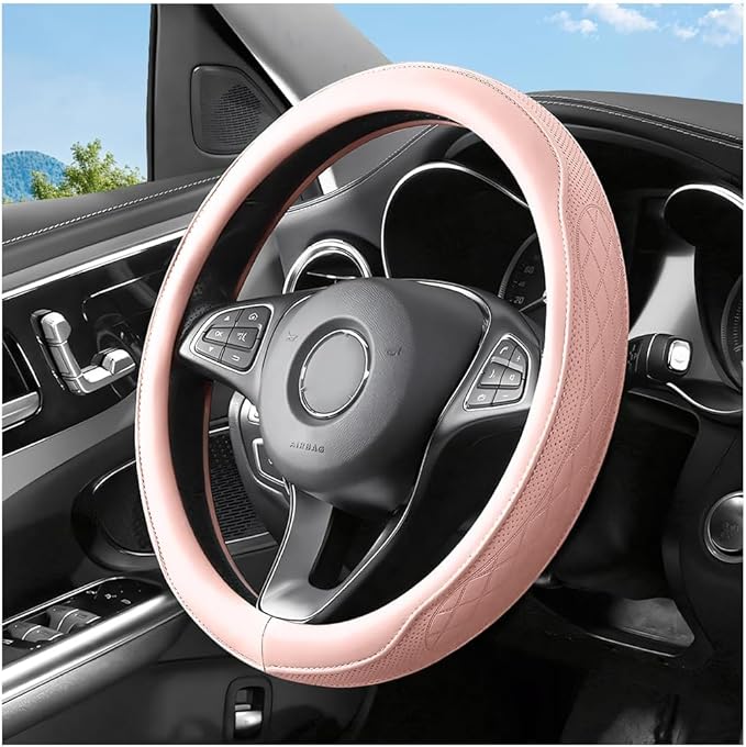 Car Steering Wheel Cover, 14.5-15" Breathable Soft Leather Vehicle Steering Wheel Protector with Anti-Slip Lining, Comfortable Auto Interior Decoration Accessories, Universal Fit (Pink)