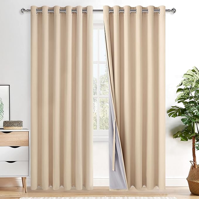 XWZO Full Shading Blackout Curtains 84 Inches Length with Tiebacks- Heat and Light Blocking Ring Top Window Drapes with Black Liner Backing for Bedroom/Kid's Room, Biscotti Beige, W70 x L84, Set of 2