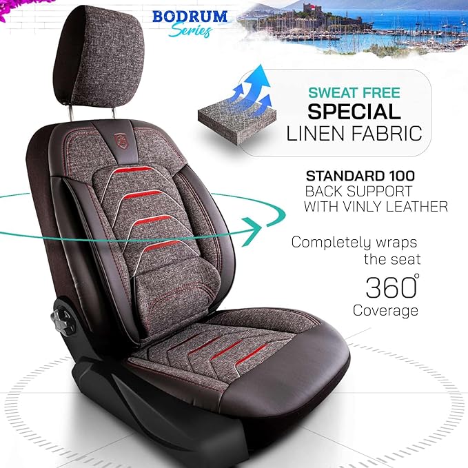 Premium Car Seat Covers Front Seat - Linen Car Seat Cover for SUV, Cars, Most Pickups, Smoke Grey-Red Stitching, Car Seat Protector, Car Seat Covers Front Seats, Car Seat Protector
