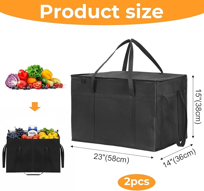 2-Pack 23" W x 15" H x 14" D Insulated Food Delivery Bag XXXL Large Capacity Thermal Cooler Bags for Grocery Shopping, Catering, Pizza Delivery, Rideshare, Travel, and Car Use