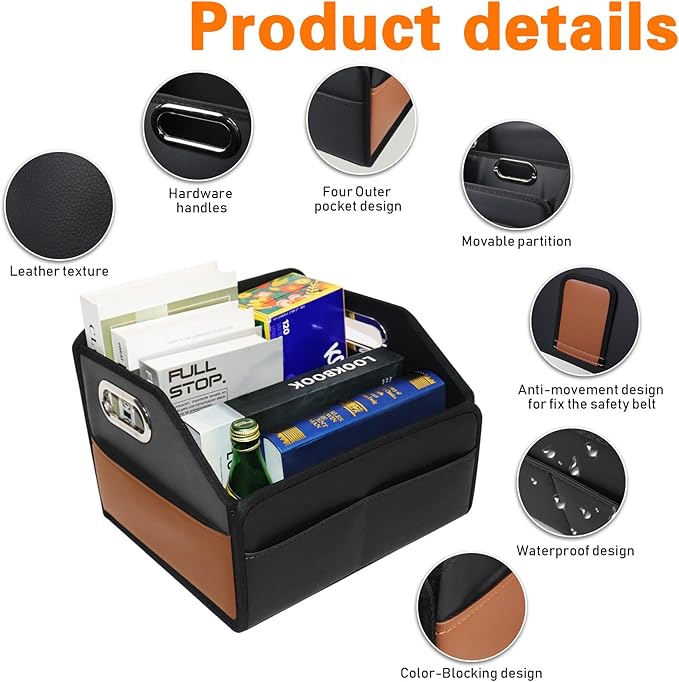 Noaman Car Organizer - 2025 Upgraded Leather Car Storage Organizer for Front Back Seat or Floor with 3 Metal Handles 6 Apartments, Multipurpose Car Organizers and Storage Black.