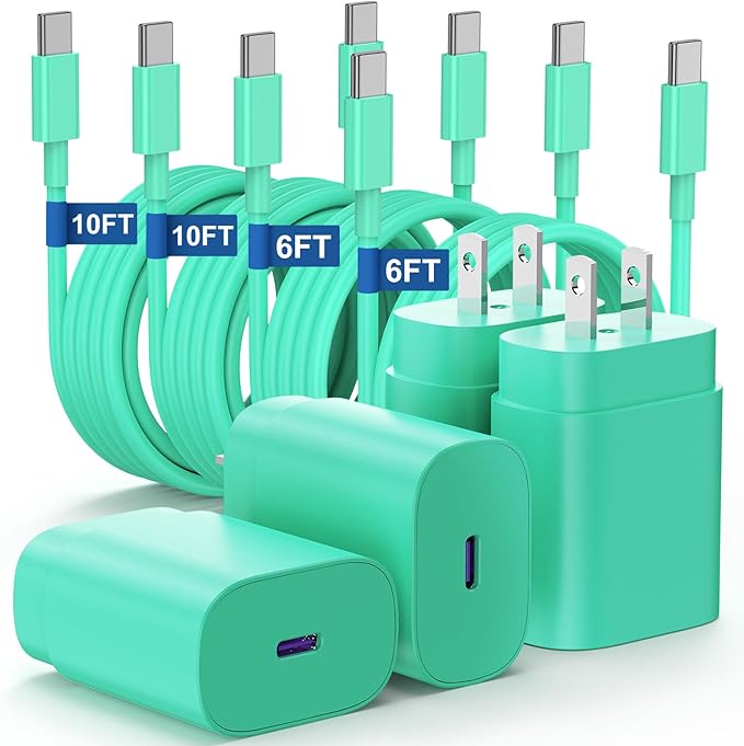 Essri Type C Charger Fast Charging for Samsung Galaxy S25/S24/S23/S22/Note 20,4Pack 25W Super USB C Fast Charger Block with (6ft+10ft) x2 Cables for iPhone 15/16 Pro Max/Plus, Android Phones - Green