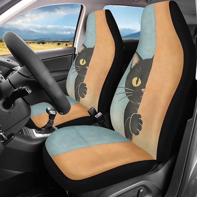 BIGCARJOB Cute Cat Car Seat Cover Set for Front Seat Only, 2 Pack Auto Front Seat Protector Saddle Blanket for Women Car Interior Accessories
