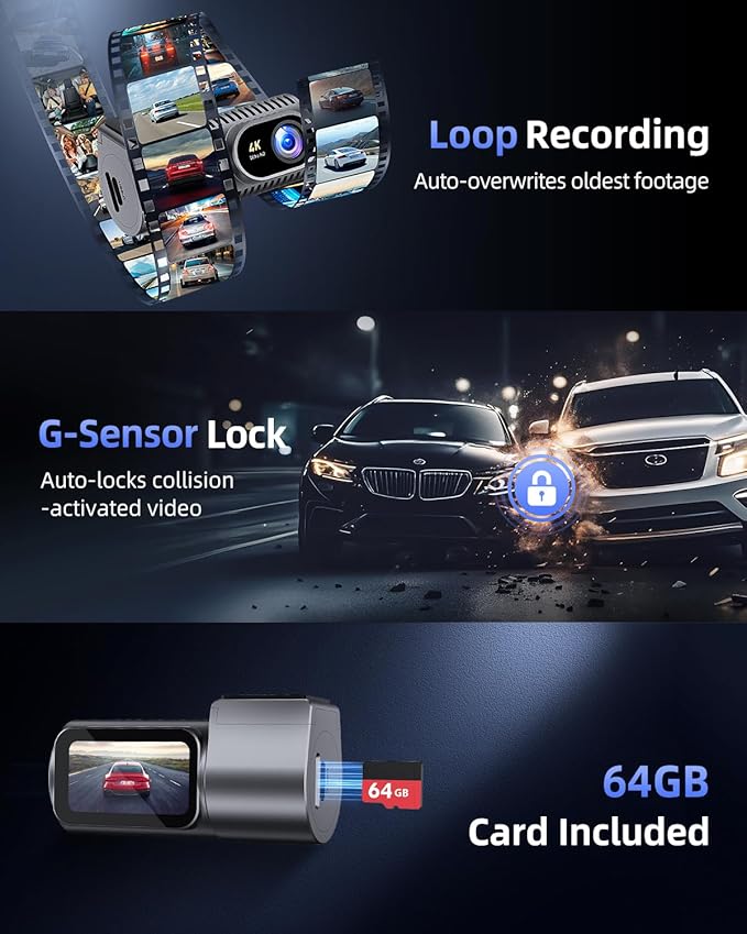 Dash Cam Front 4K - 1.5" IPS Display & 5G WiFi & 64G Card, 360° Rotation Mini Dashcam, Car Camera with WDR Night Vision, 24H Parking Mode, G-Sensor, Loop Recording,170° Angle, Dash Camera for Cars
