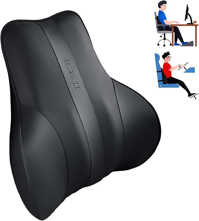 Coverado Lumbar Support Pillow for Car, Ergonomic Memory Foam Back Pillow for Office Chair, New Back Cushion for Pain Relief, PU Leather Car Lumbar Support for Driving Seat Black