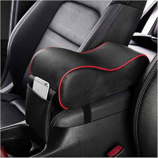 Car Center Console Cover, Soft Memory Foam Auto Arm Rest Pillow with Phone Holder Storage Bag, Waterproof Leather Armrest Seat Box Protector Comfy Cushion Pad for Most Cars (Black&Red)