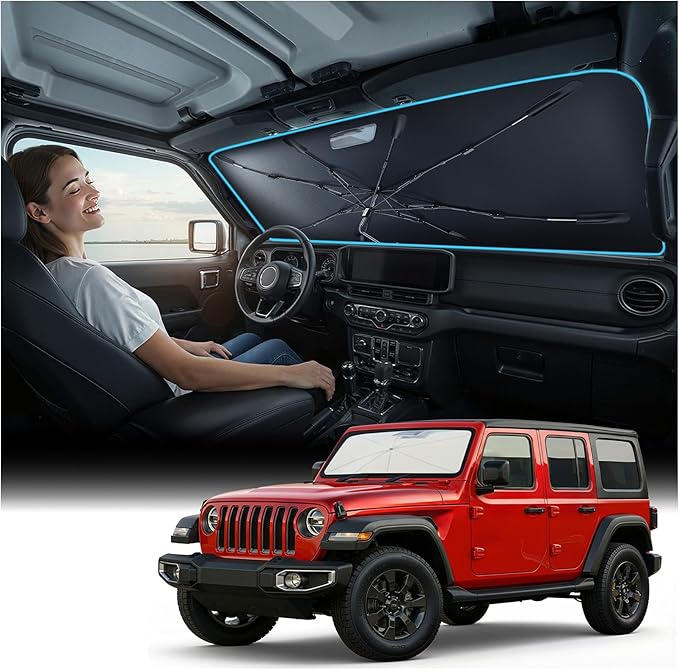 Windshield Sun Shade Umbrella for Jeep - [Vinyl Coating Heat Shield] Protect Car from Sun Rays & Heat Damage Keep Cool and Protect Interior, Spring Structure Edge