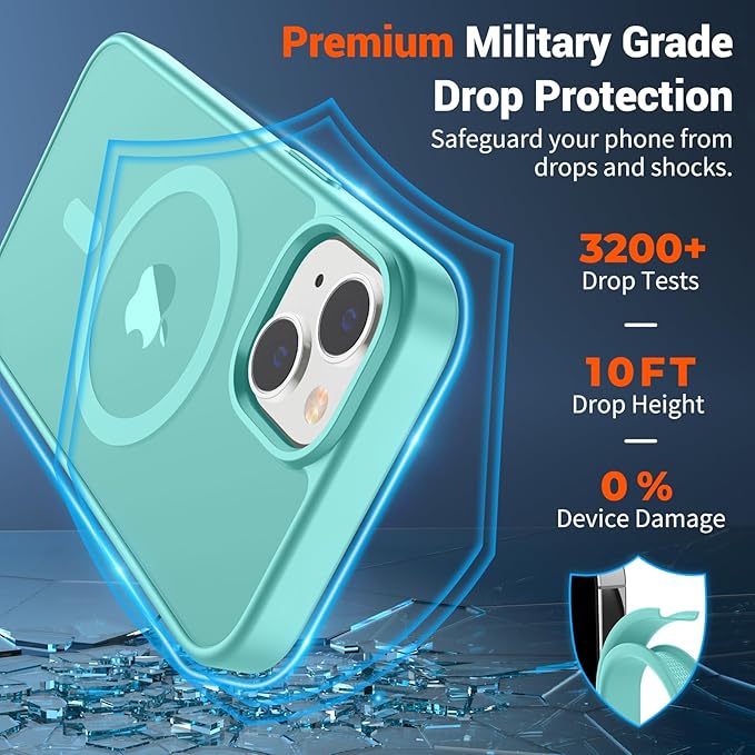 SUPFINE Magnetic for iPhone 15 Case (Compatible with MagSafe) (Military Grade Drop Protection) Slim Translucent Matte Shockproof with Anti-Fingerprint Phone Case, Blue Green