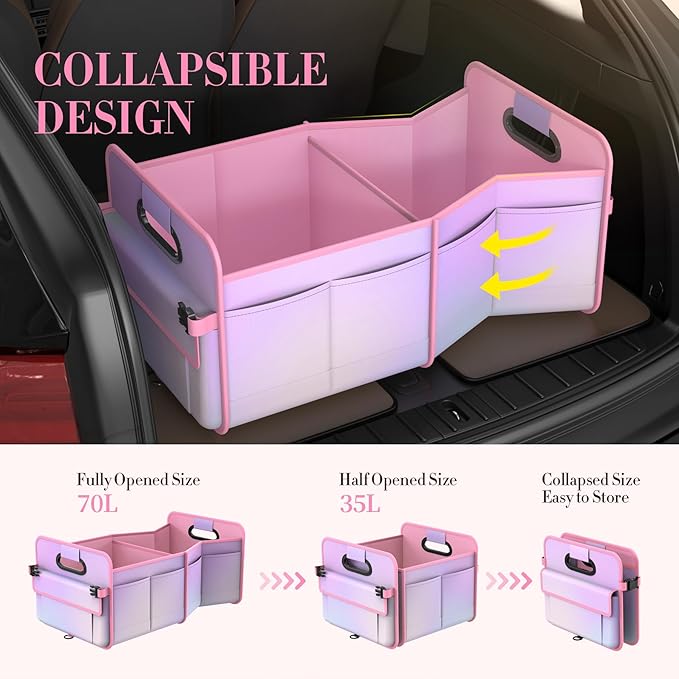 titiyiof Trunk Organizer For Suv&Sedan,Car Organizers & Storage, Waterproof Collapsible & Adjustable Straps,70L Sturdy Car Organization for Car Accessories,Tools,Sundries,2-3Compartment(Colorful Pink)